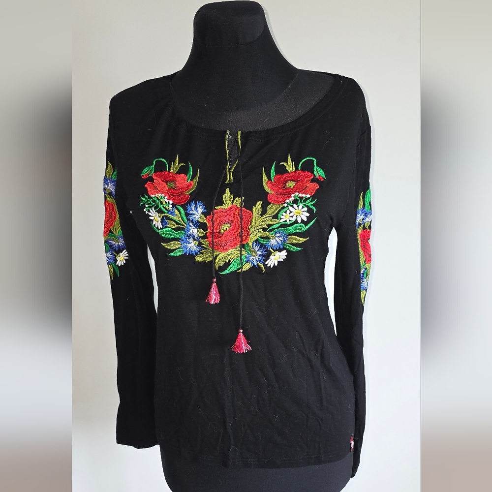 Vyshyvanka Embroidered Black Floral Long Sleeve Top Viscose  L